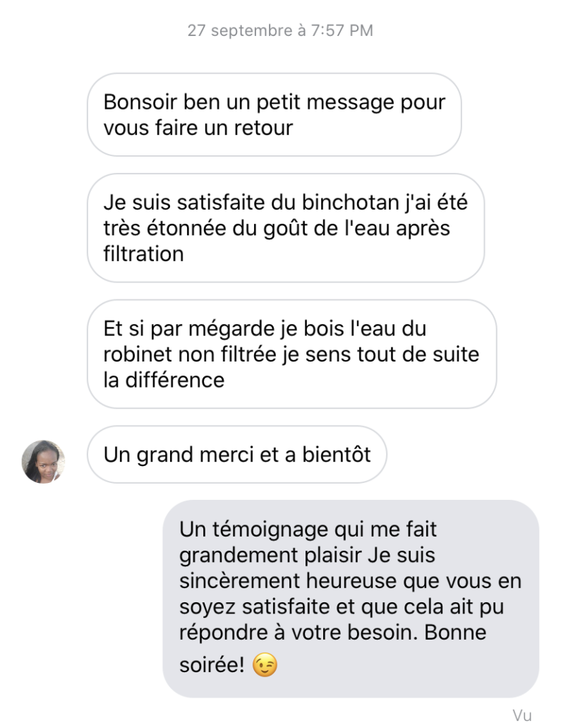 Témoignage messenger client sur le charbon Actif Binchotan